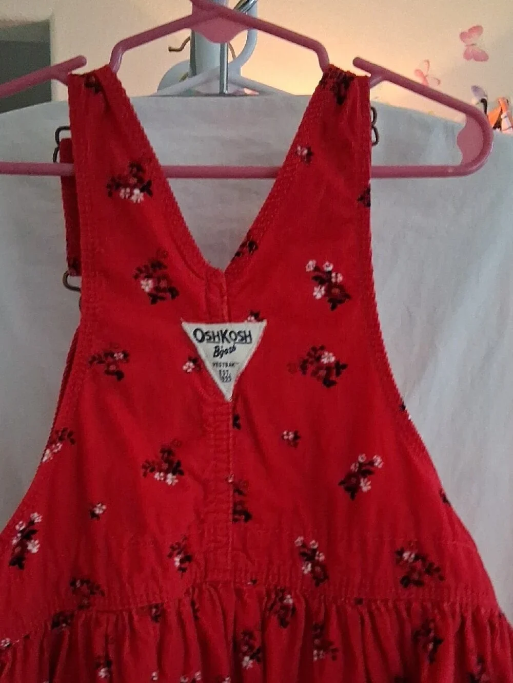 Adorable OshKosh B'gosh Red Floral Corduroy Pinafore Overall Dress